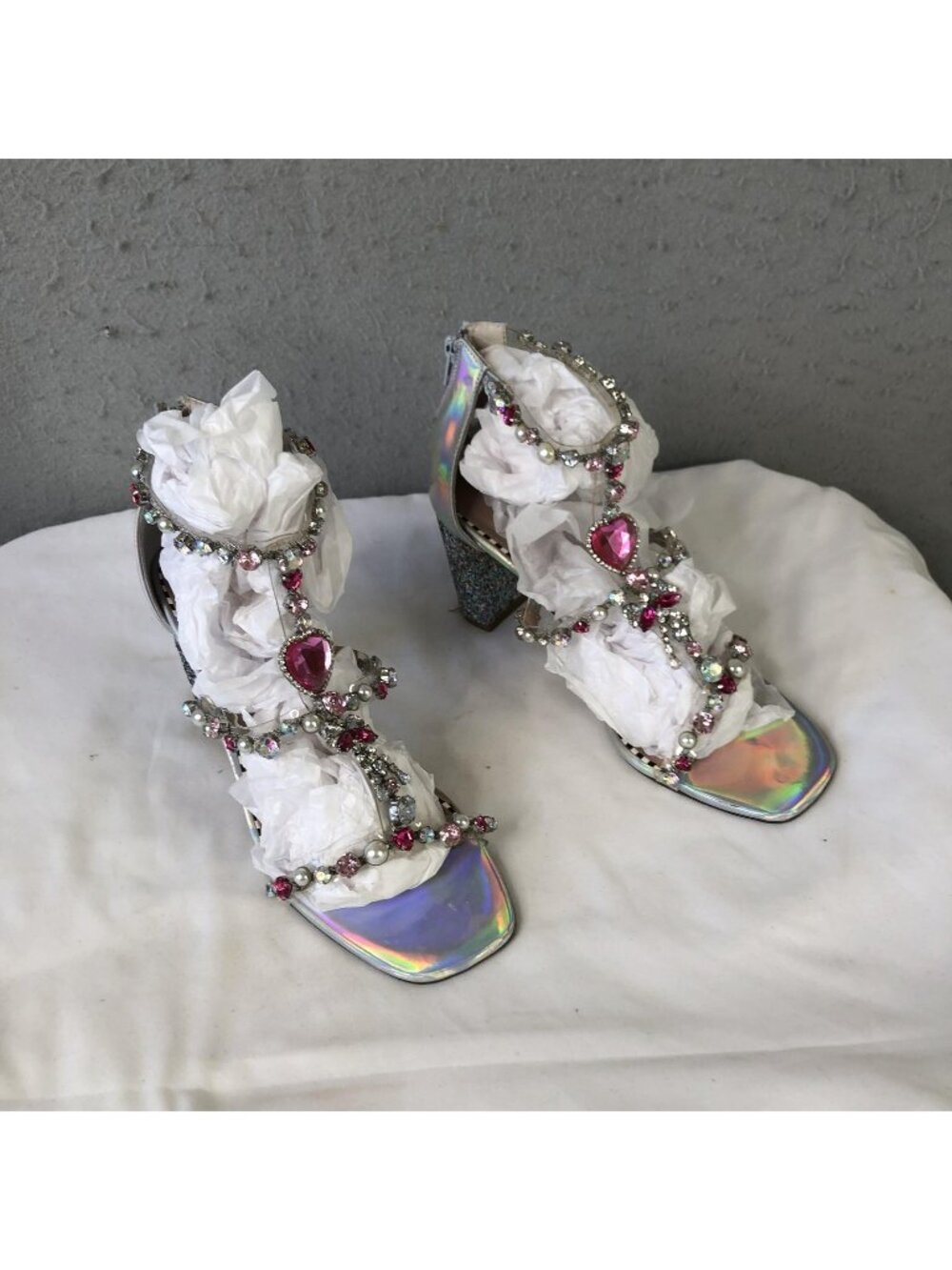 Betsey Johnson Shoes Womens Size 9.5 Silver Glitter Block Heel Gem Party Sandals